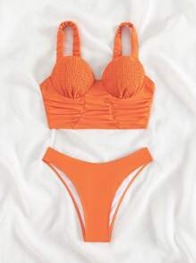 Ruched Push Up Bikini Set Summer Beach - Orange - View 7