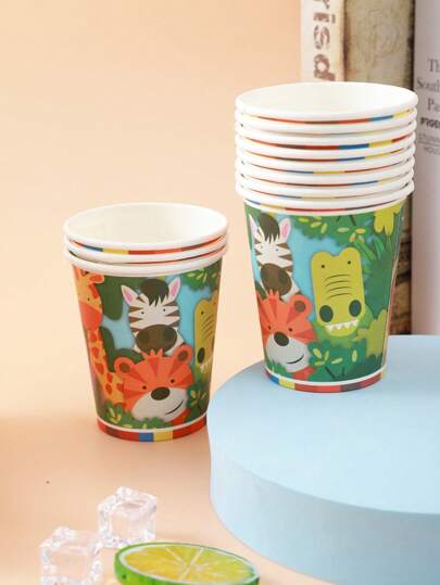 كأس استخدام مرة واحدة بطباعة حيوان ورسوم كارتون 10 قطع