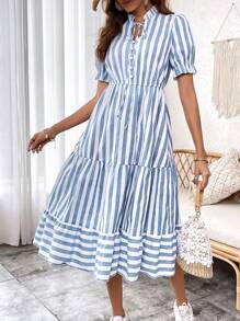 SHEIN VCAY Vestido con estampado de rayas de cuello con cordón bajo con fruncido - Azul y blanco - Ver 1