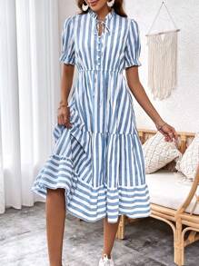 SHEIN VCAY Vestido con estampado de rayas de cuello con cordón bajo con fruncido - Azul y blanco - Ver 6