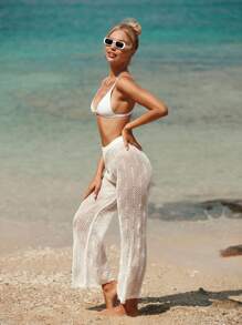 Hollow Out Crochet Cover Up Pants - White - View 4
