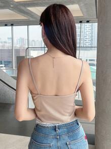 DAZY Contrast Lace Trim Cami Top - Apricot - View 2