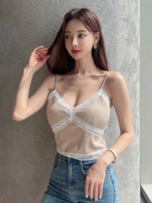 DAZY Contrast Lace Trim Cami Top - Apricot - View 4