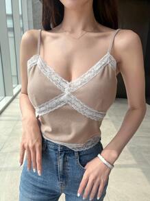 DAZY Contrast Lace Trim Cami Top - Apricot - View 7