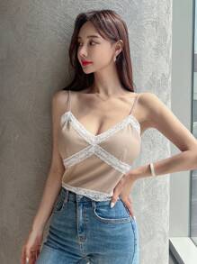 DAZY Contrast Lace Trim Cami Top - Apricot - View 8