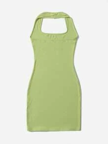 SHEIN EZwear 素色繞頸露背緊身洋裝 - 青檸色 - 查看 2