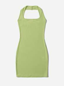 SHEIN EZwear 素色繞頸露背緊身洋裝 - 青檸色 - 查看 3