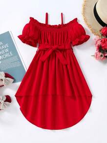 SHEIN Đầm bé gái viền lá sen Thắt lưng Cao thấp màu trơn Dễ thương - Đỏ - Xem 1