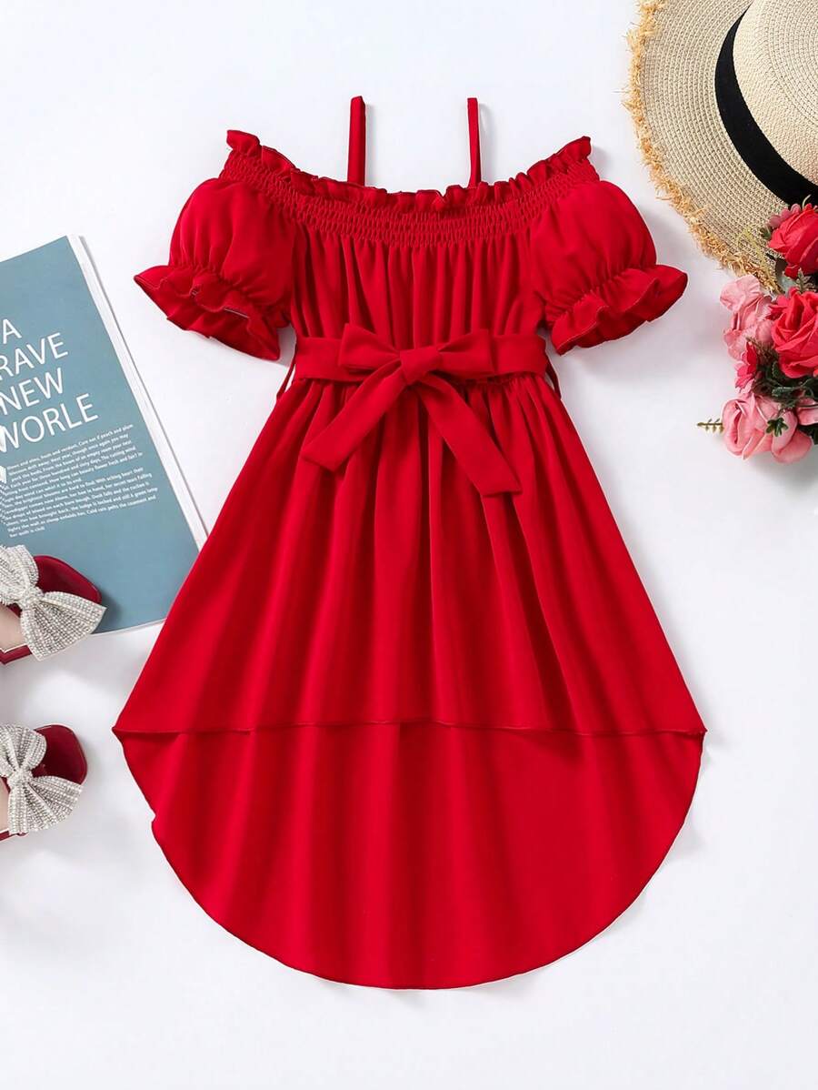SHEIN Đầm bé gái viền lá sen Thắt lưng Cao thấp màu trơn Dễ thương - Đỏ - Xem 1