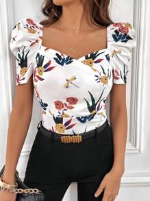 SHEIN Privé Floral Print Sweetheart Neck Puff Sleeve Summer Tee - White - View 3