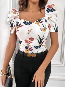 SHEIN Privé Floral Print Sweetheart Neck Puff Sleeve Summer Tee - White - View 4