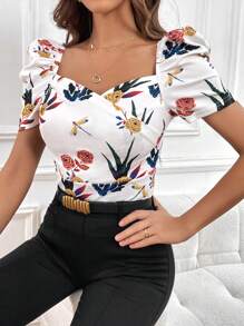 SHEIN Privé Floral Print Sweetheart Neck Puff Sleeve Summer Tee - White - View 7
