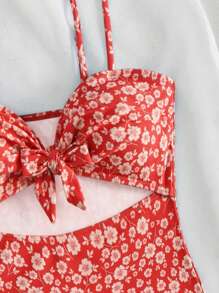 Swim Vcay 碎花鏤空前打結連體泳衣 - 紅白色 - 查看 4