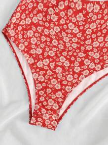 Swim Vcay 碎花鏤空前打結連體泳衣 - 紅白色 - 查看 5