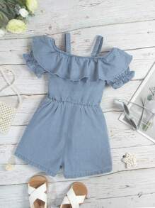 Toddler Girl Quần yếm & Áo liền quần Denim Xù Nút phía trước màu trơn Dễ thương - Rửa nhẹ - Xem 2