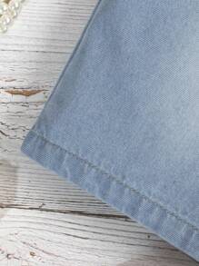 Toddler Girl Quần yếm & Áo liền quần Denim Xù Nút phía trước màu trơn Dễ thương - Rửa nhẹ - Xem 3