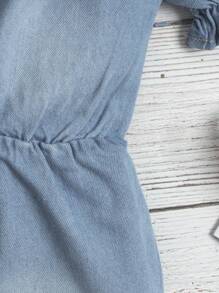 Toddler Girl Quần yếm & Áo liền quần Denim Xù Nút phía trước màu trơn Dễ thương - Rửa nhẹ - Xem 4