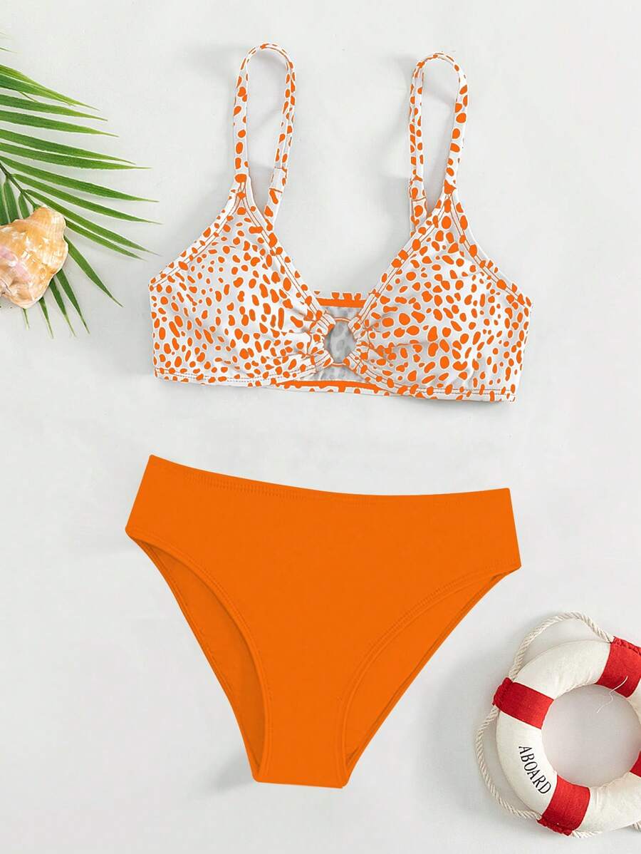 SHEIN 少女斑点狗印花环链比基尼套装夏季海滩