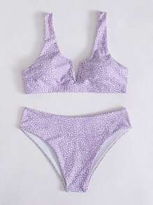 SHEIN Swim Summer Beach Dalmatian V Neck Bikini Set - Lilac Purple - View 2