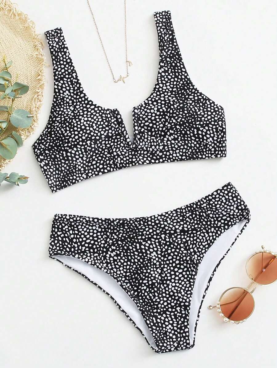 SHEIN Swim Dalmatian V Neck Bikini Set For Summer Beach - Black and White - View 1