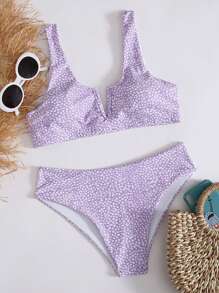 SHEIN Swim Summer Beach Dalmatian V Neck Bikini Set - Lilac Purple - View 1