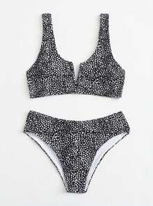 SHEIN Swim Dalmatian V Neck Bikini Set For Summer Beach - Black and White - View 4