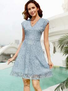 Floral Lace A-line Dress - Dusty Blue - View 1