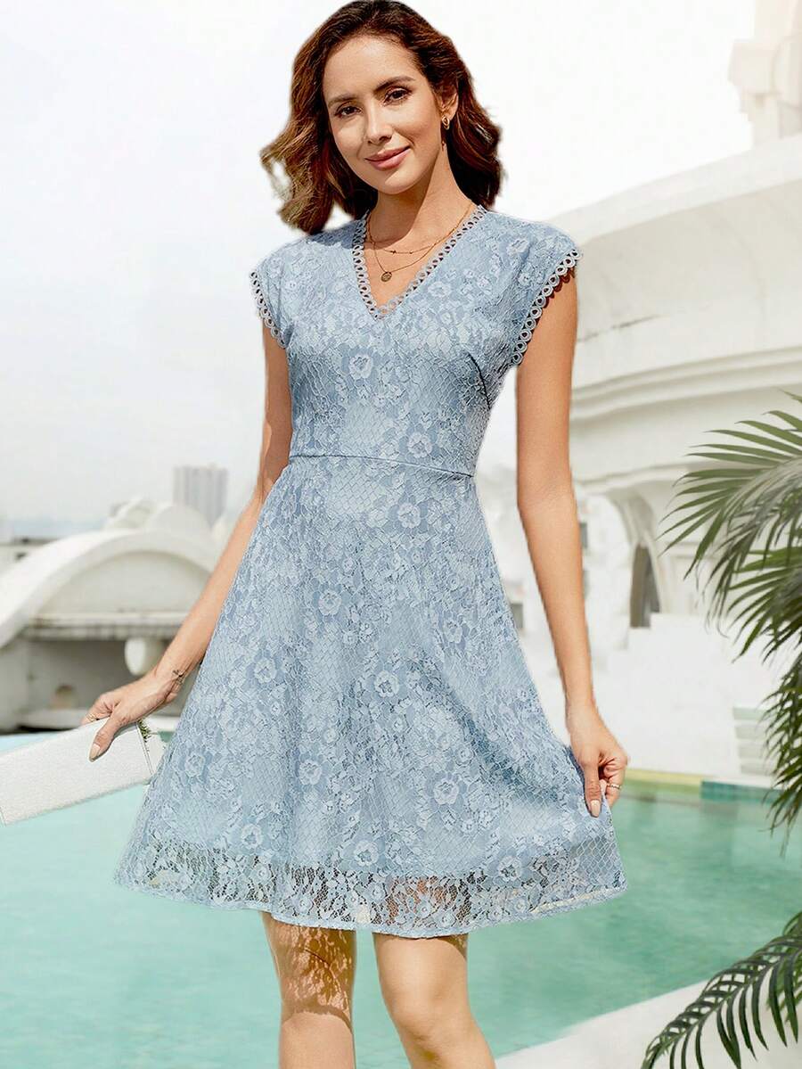 Floral Lace A-line Dress - Dusty Blue - View 1