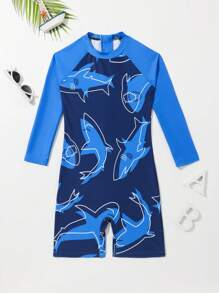Young Boy Shark Print Zipper Back One Piece Swimsuit - Blue - View 1