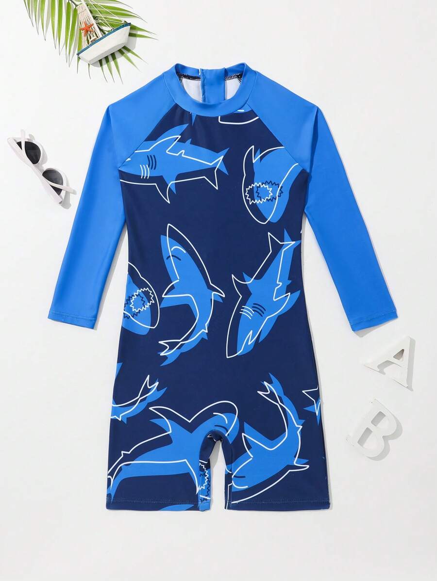 Young Boy Shark Print Zipper Back One Piece Swimsuit - Blue - View 1
