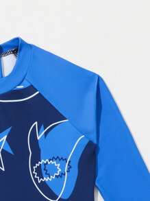 Young Boy Shark Print Zipper Back One Piece Swimsuit - Blue - View 3