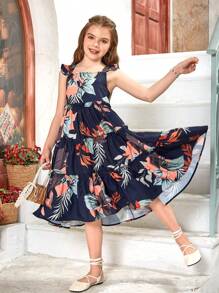 SHEIN Tween Girl 1pc Tropical Print Ruffle Trim Ruffle Hem Dress - Navy Blue - View 5