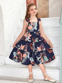SHEIN Tween Girl 1pc Tropical Print Ruffle Trim Ruffle Hem Dress - Navy Blue - View 1