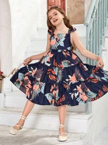 SHEIN Tween Girl 1pc Tropical Print Ruffle Trim Ruffle Hem Dress - Navy Blue - View 7
