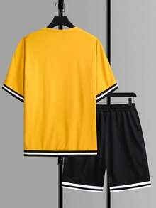 Aesthetic Post Nam Áo thun Với Đồ họa Chữ cái , Sọc trang trí Và Thả vai & Eo dây rút Quần short - Nhiều màu - Xem 2