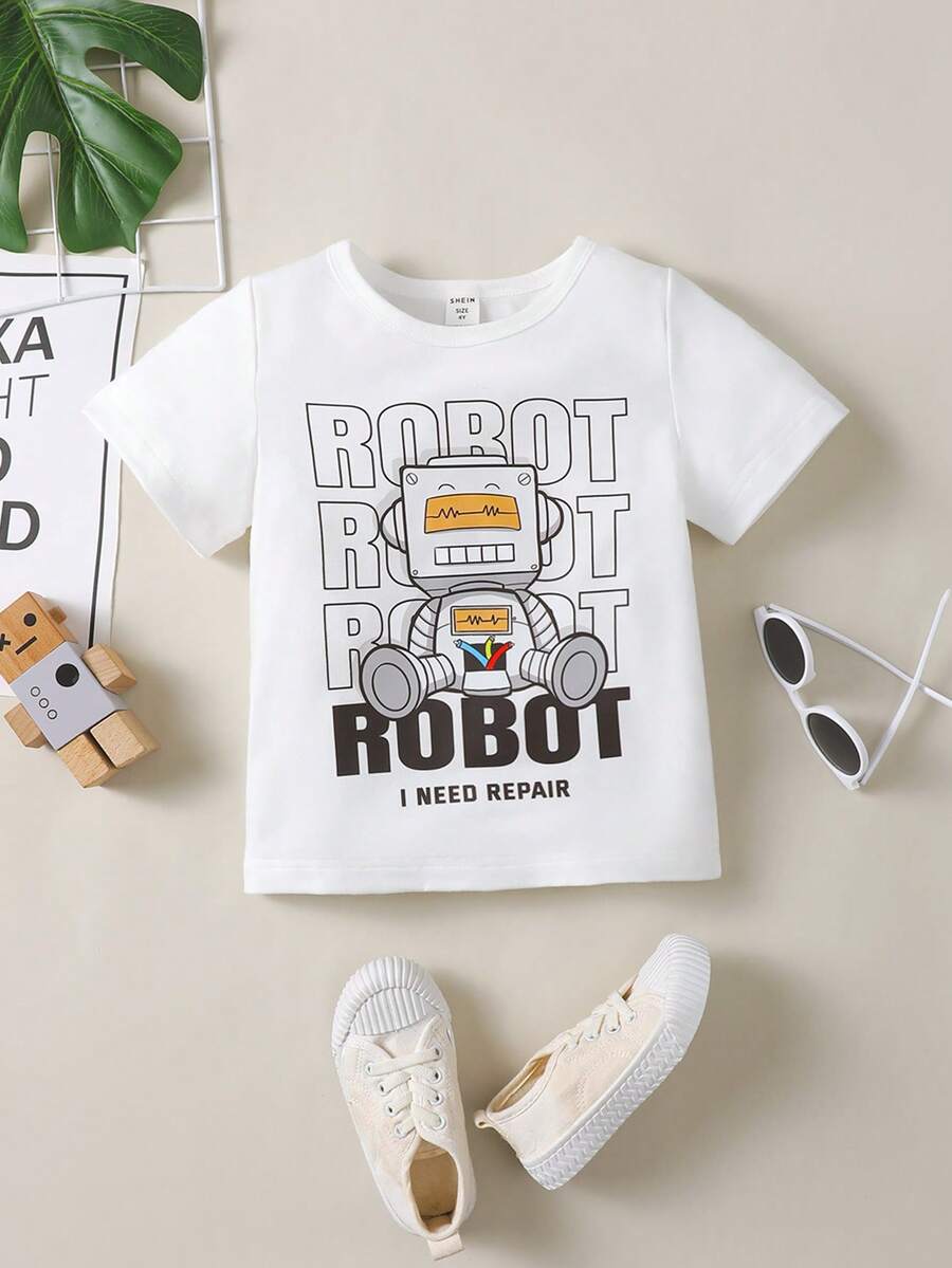 SHEIN Toddler Boys Letter & Cartoon Graphic Tee - White - View 1