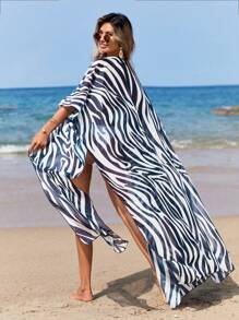 SHEIN Zebra Striped Print Split Thigh Kimono, For Summer Beach Vacation - Multicolor - View 1