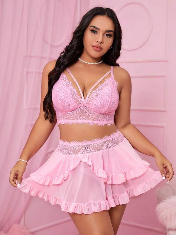Plus Contrast Lace Ruffle Trim Lingerie Set SHEIN USA