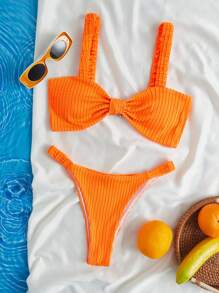 SHEIN Solid Ribbed Knit Bikini Set For Summer Beach - Orange - View 1