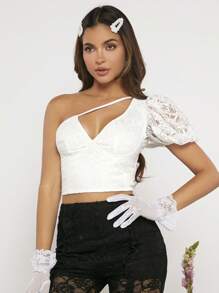 SHEINNeu One Shoulder Puff Sleeve Crop Lace Top - White - View 1