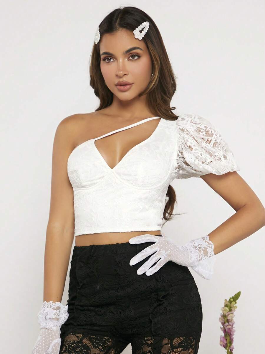 SHEINNeu One Shoulder Puff Sleeve Crop Lace Top - White - View 1