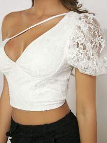 SHEINNeu One Shoulder Puff Sleeve Crop Lace Top - White - View 3