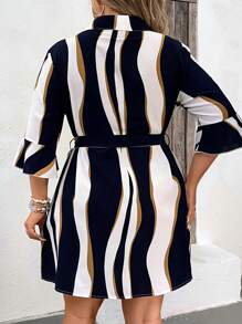 SHEIN Clasi 大碼撞色荷葉袖腰帶襯衫連衣裙 - 彩色 - 查看 2