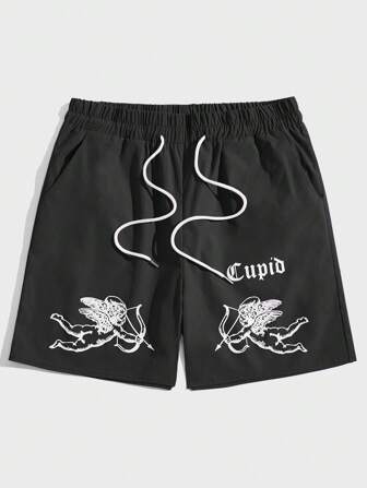 Street Life Guys Angel & Letter Graphic Drawstring Waist Shorts