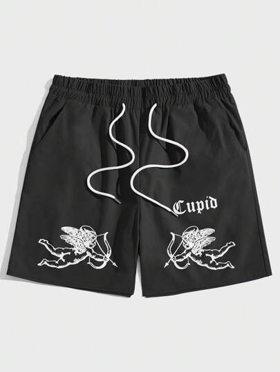 Street Life Guys Angel & Letter Graphic Drawstring Waist Shorts