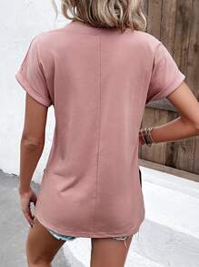 SHEIN LUNE Áo thun nữ Chia màu trơn Giải trí - Bụi hồng - Xem 2