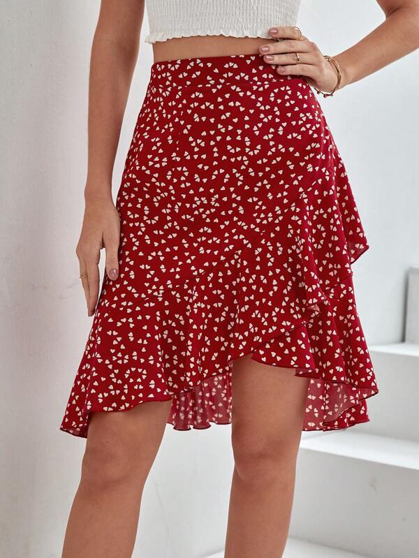 SHEIN Frenchy Confetti Heart Print Ruffle Hem Skirt SHEIN USA