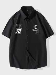 ROMWE MEN Prep Men Letter Graphic Baseball Shirt, School - Black - View 1