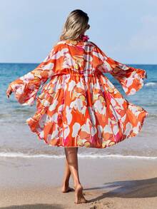 SHEIN Allover Print Drawstring Waist Kimono - Orange - View 2