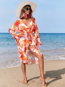 SHEIN Allover Print Drawstring Waist Kimono - Orange - View 3